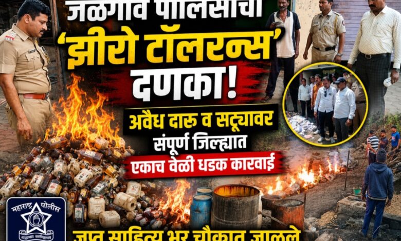 जळगाव पोलिसांचा ‘झीरो टॉलरन्स’ दणका! अवैध दारू व सट्ट्यावर संपूर्ण जिल्ह्यात एकाच वेळी धडक कारवाई; जप्त साहित्य भर चौकात जाळले जळगाव पोलिसांचा ‘झीरो टॉलरन्स’ दणका! अवैध दारू व सट्ट्यावर संपूर्ण जिल्ह्यात एकाच वेळी धडक कारवाई; जप्त साहित्य भर चौकात जाळले